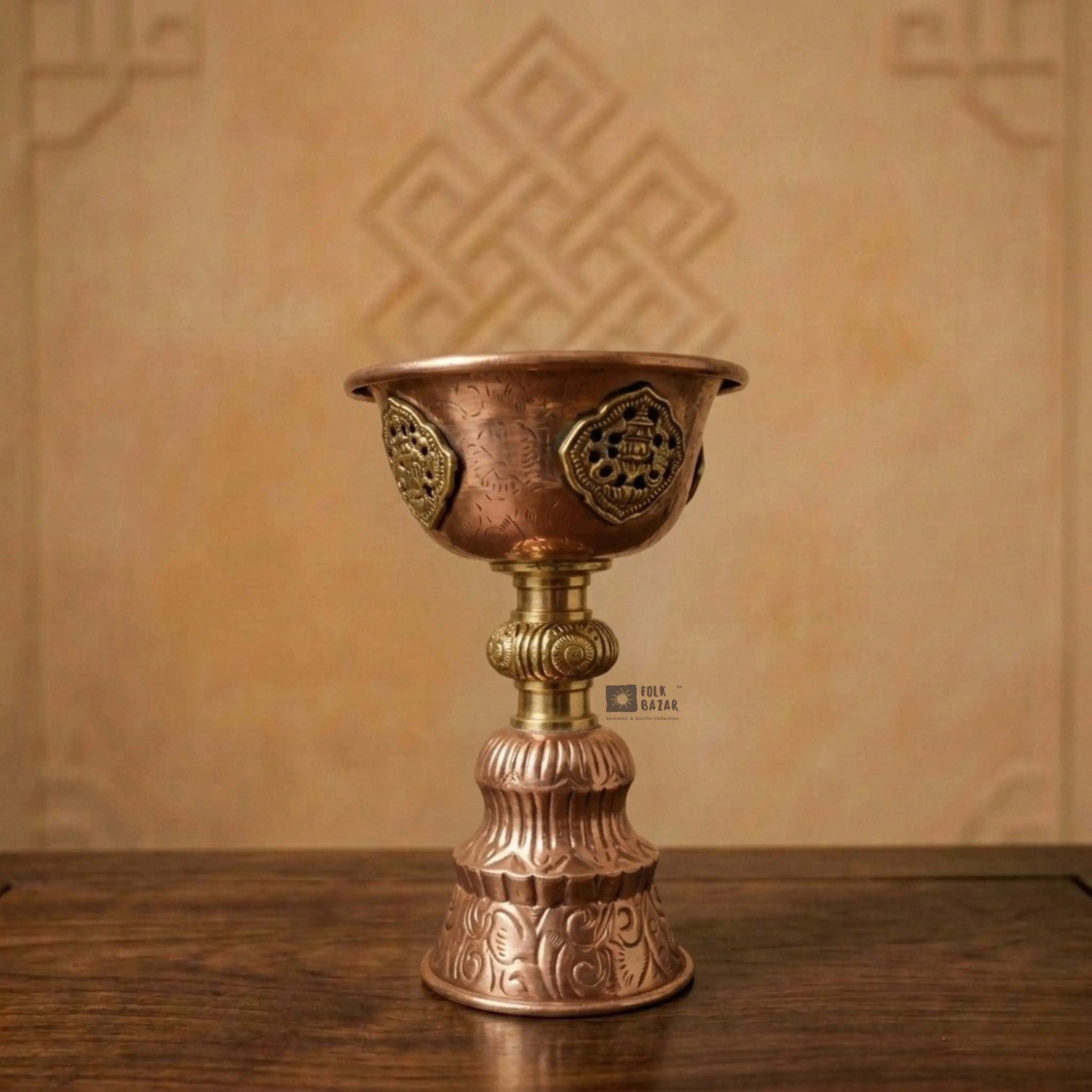 Copper Butter Lamp with Brass Carving